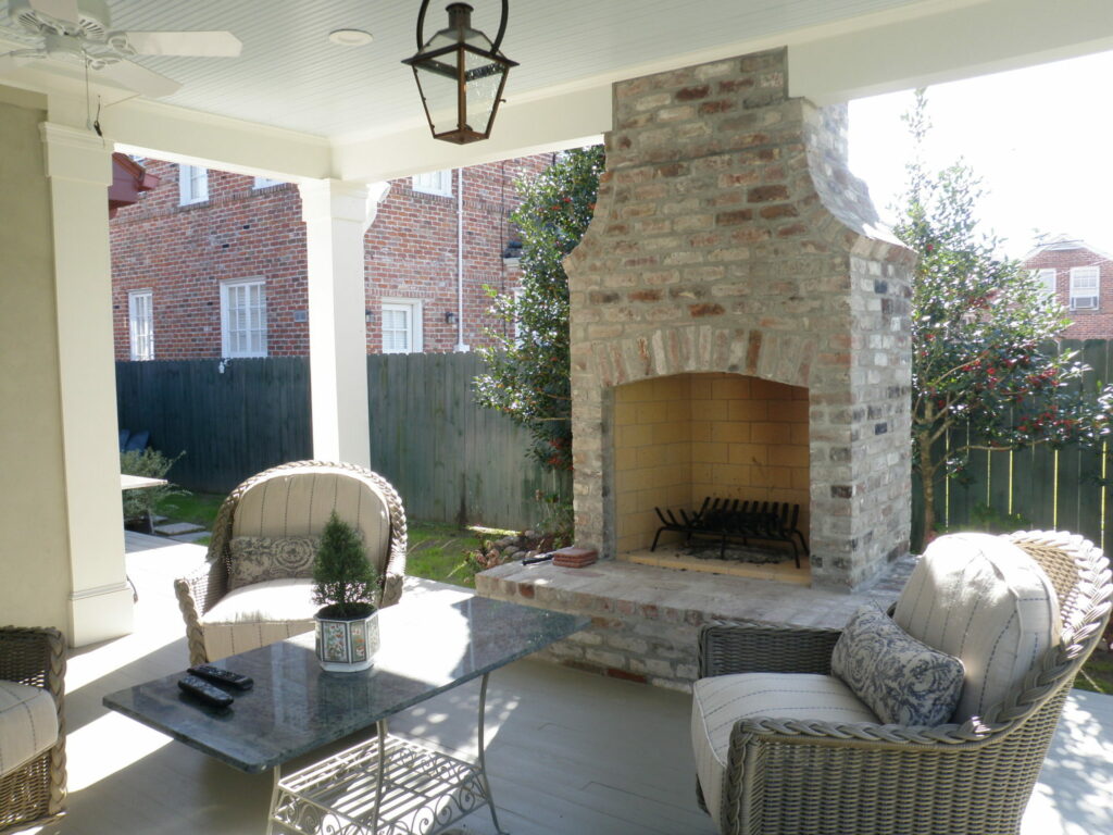 outdoor living room with fireplace